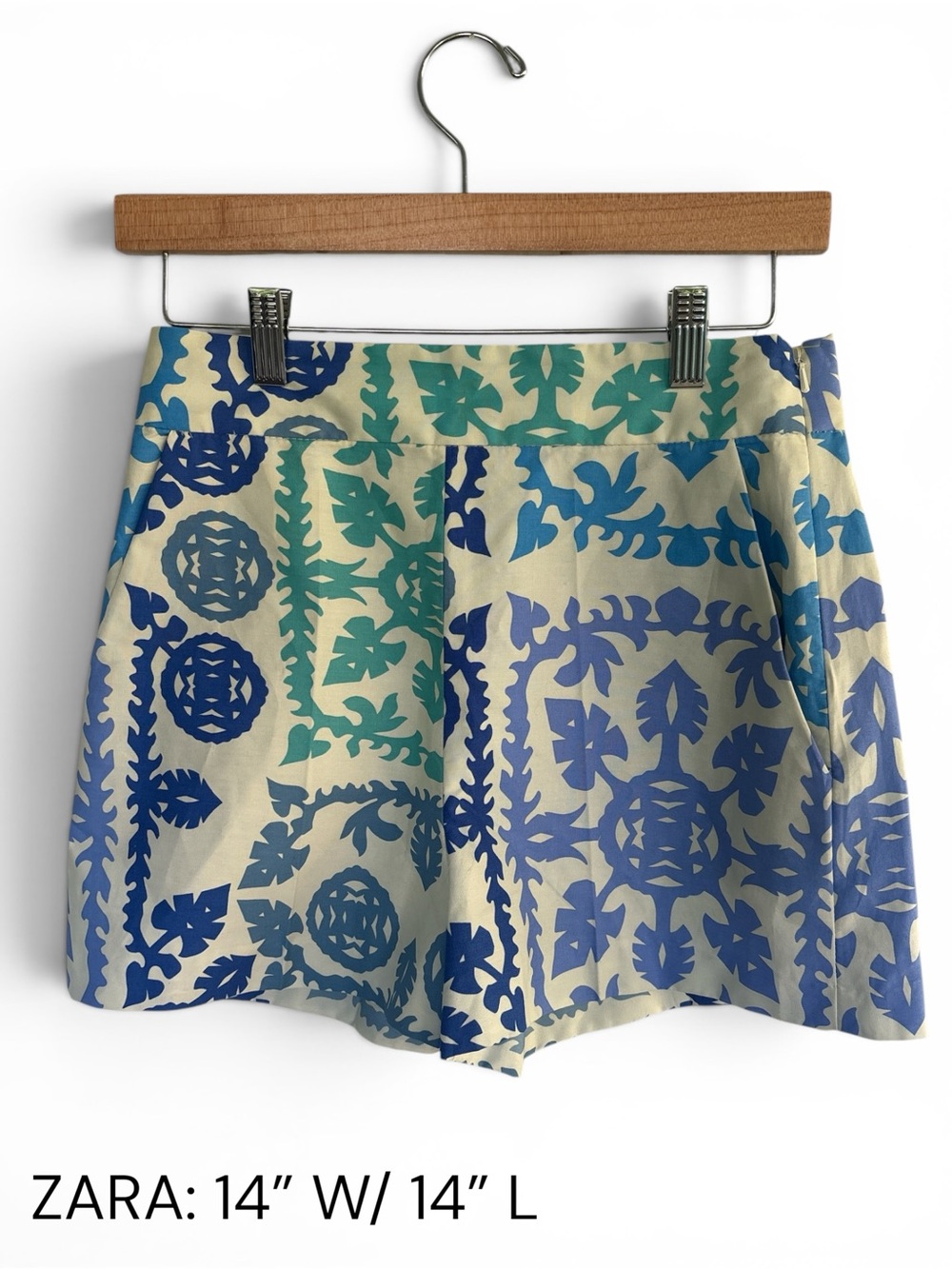 ZARA Cream Shorts with Blue & Teal Botanical Print